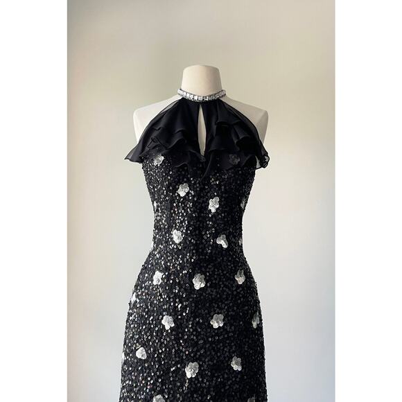 Vintage 1990s Y2K Black Sequins Halter Dress by Scala XS/S - Picture 3 of 9